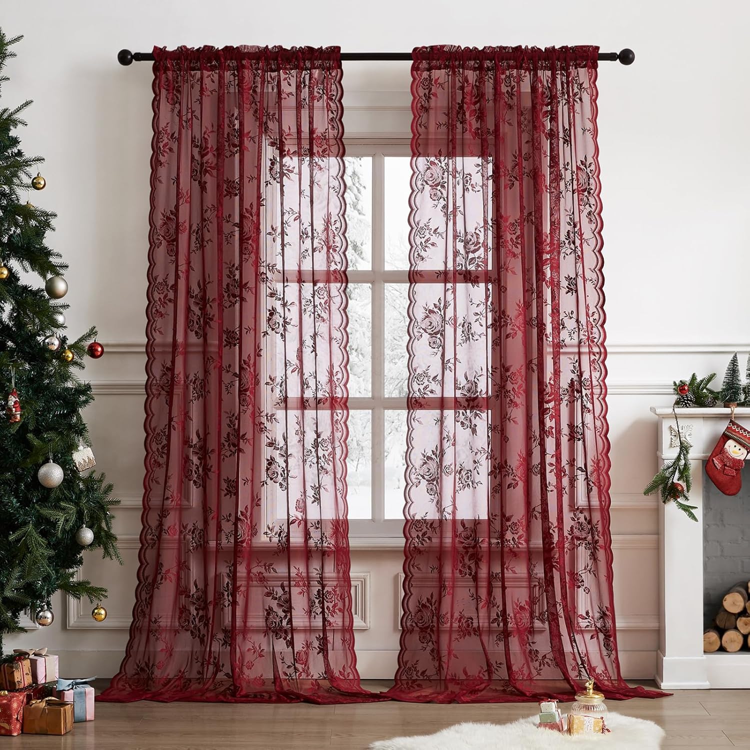 1 PC Burgundy Lace Curtains 45 - Curtain Rods review and price